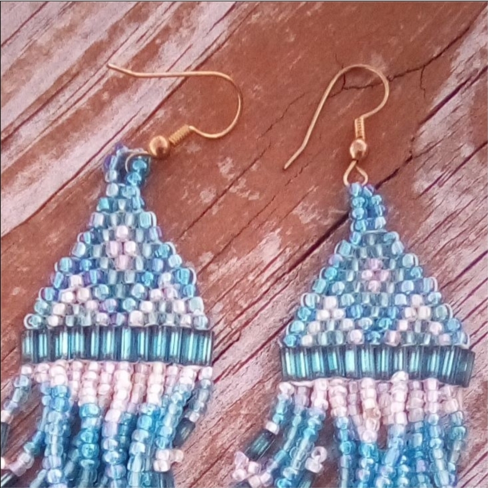 Vintage Boho Beaded Fringe Earrings Teal Turquoise Statement - Picture 3 of 5